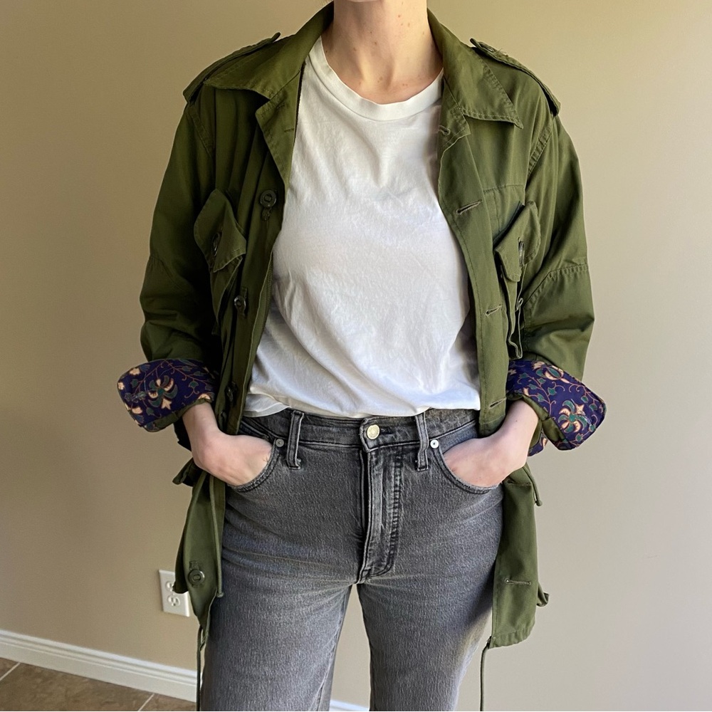 Army Green Utility Jacket w Boho Print on back, Military Coat, Spring, Anthro - Picture 3 of 5
